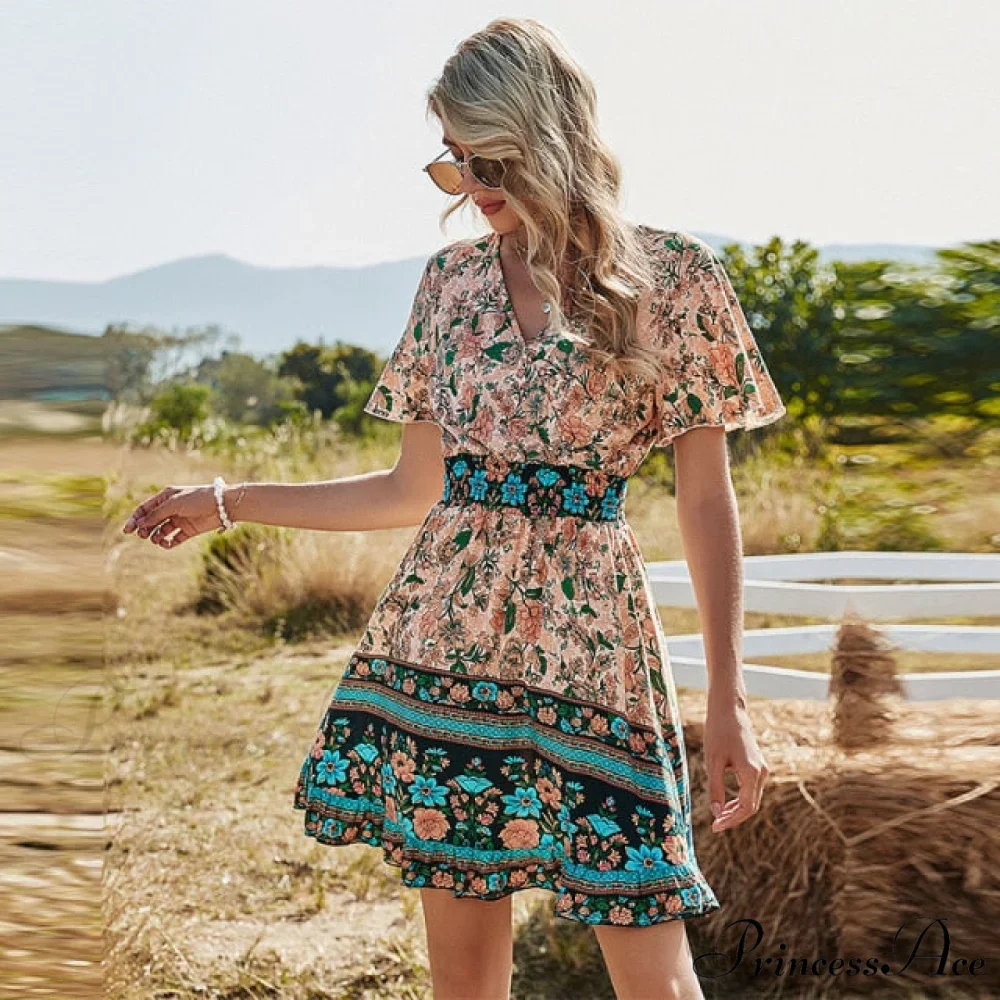 Casual V Neck High Waist Short Sleeve Print Dress - Image 2
