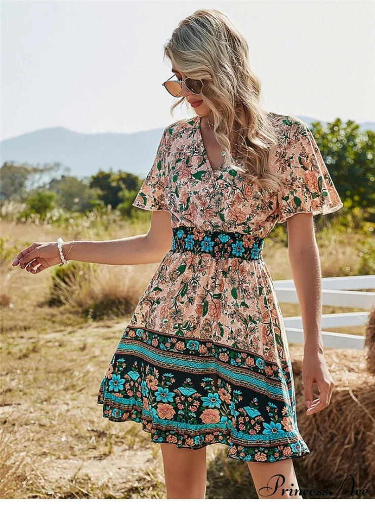 Casual V Neck High Waist Short Sleeve Print Dress - Image 3