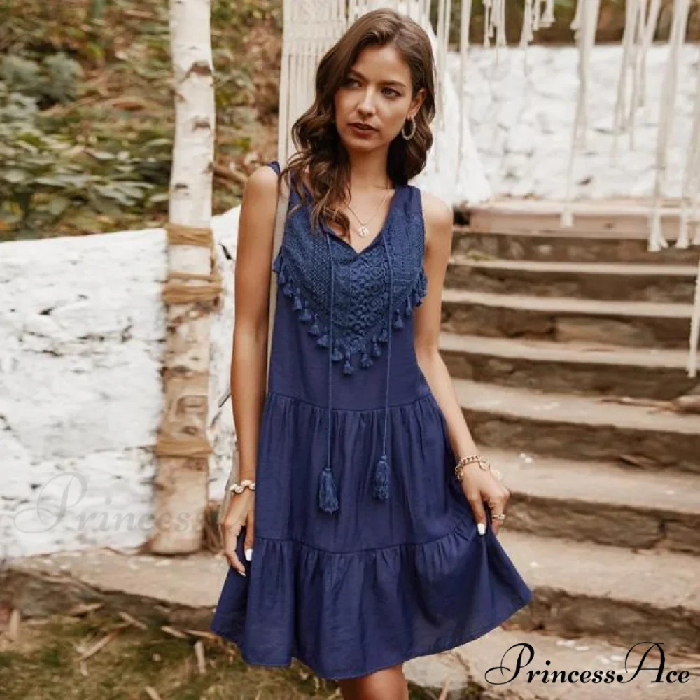 V-neck Casual Sleeveless Solid Boho Dress - Image 2