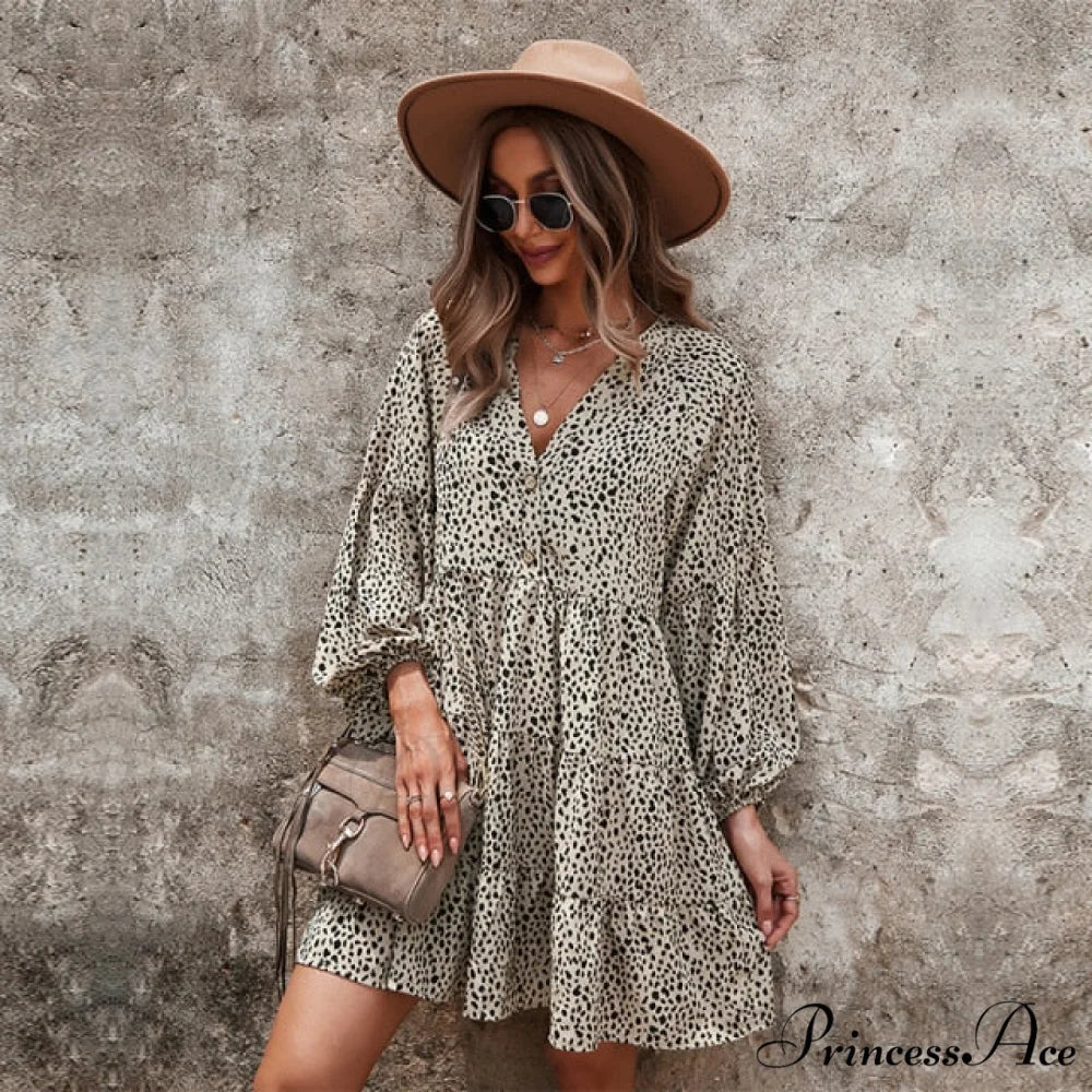 Casual V Neck Button Full Sleeve Dot Mini Dresses - Image 4