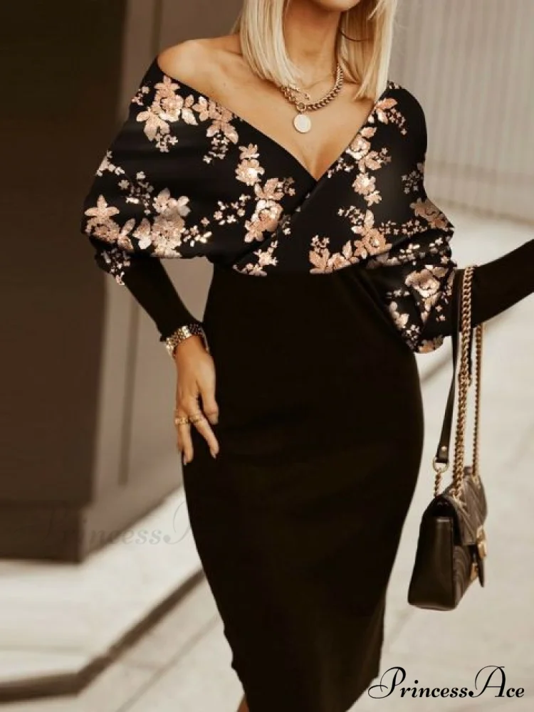 V-Neck Print Batwing Sleeve Skinny Wrap Midi Dress - Image 8