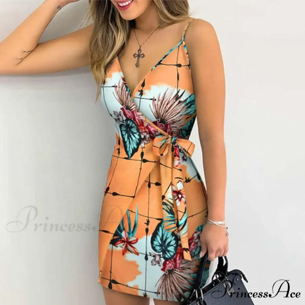 Holiday Floral Leaves Print V-neck Mini Dress - Image 4