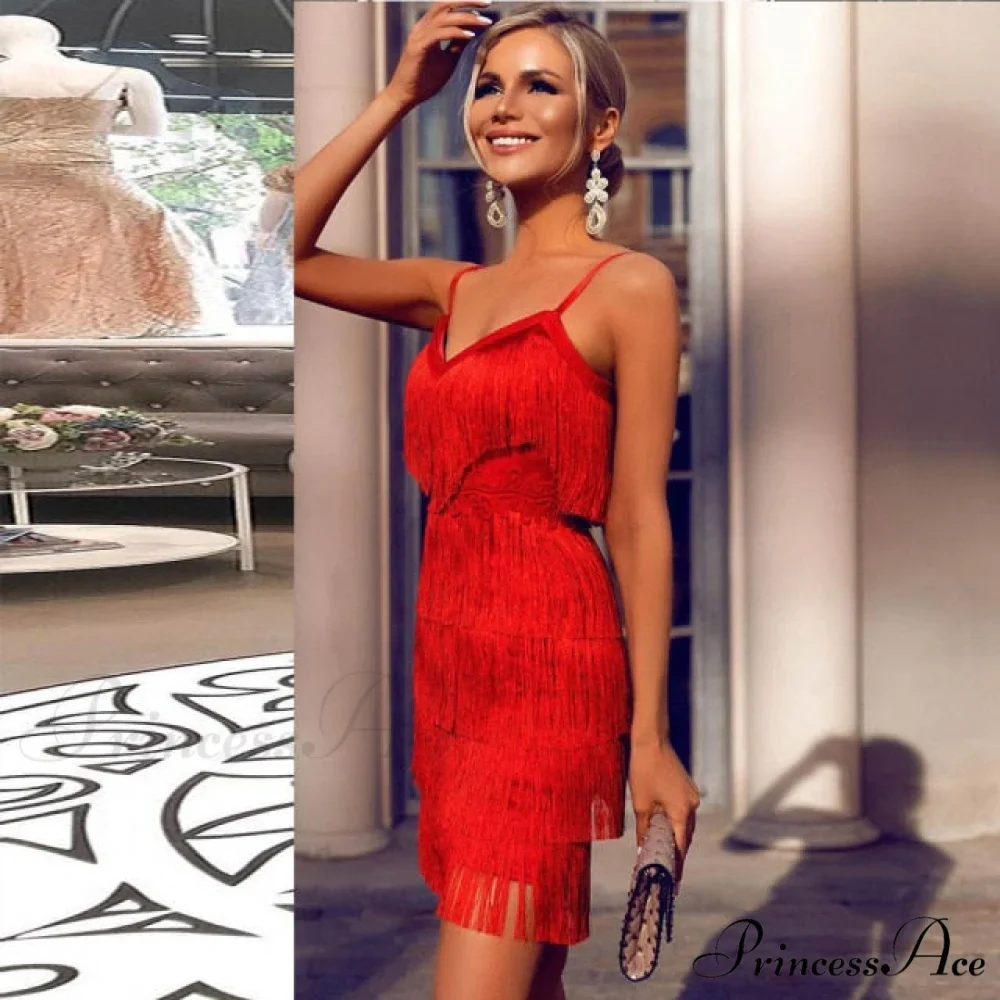 Red Party Evening Luxury Tassel Fringed Bodycon Dress - Image 3