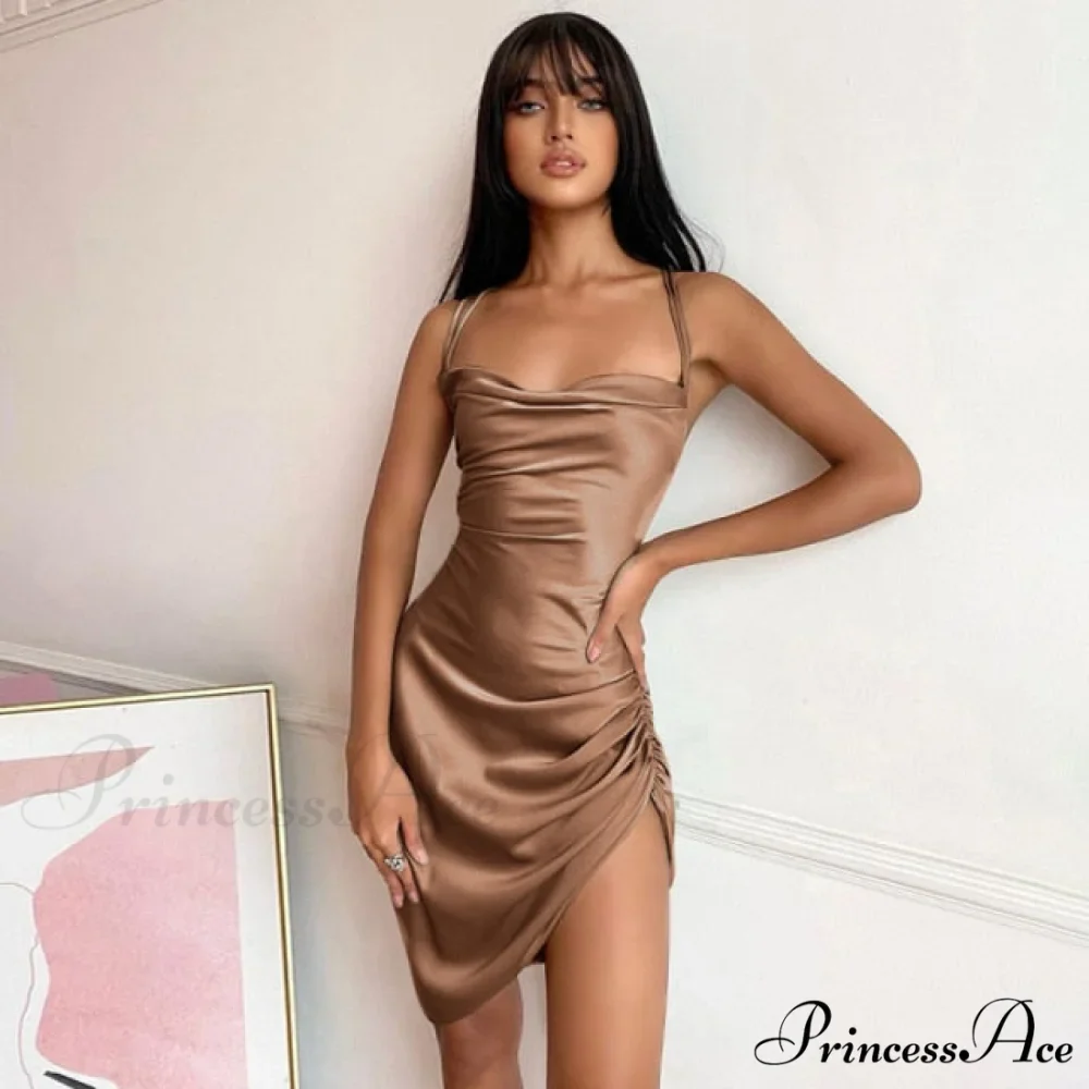 Satin Ruched Cross Bandage Backless Dress - Image 10