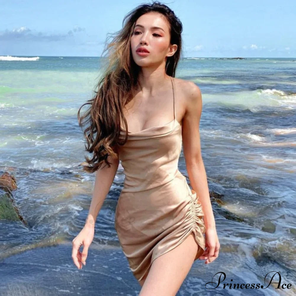 Satin Ruched Cross Bandage Backless Dress - Image 9