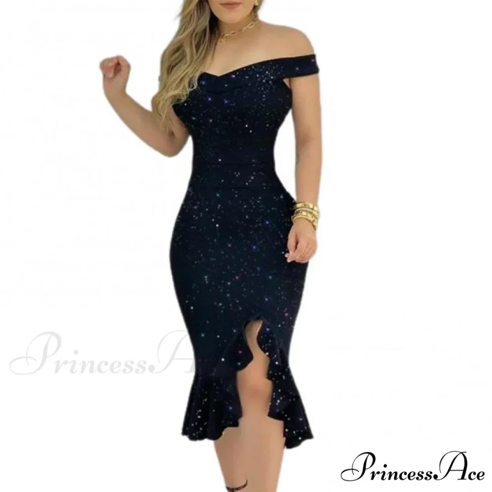 Sexy Shiny Glitter Off Shoulder Ruffles Slit Midi Dress - Image 10