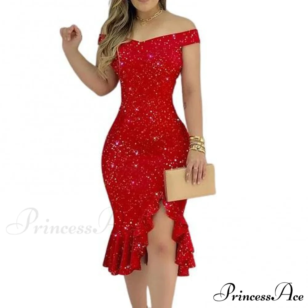 Sexy Shiny Glitter Off Shoulder Ruffles Slit Midi Dress - Image 5
