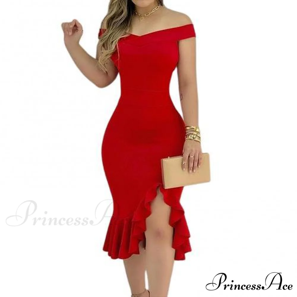 Sexy Shiny Glitter Off Shoulder Ruffles Slit Midi Dress - Image 8
