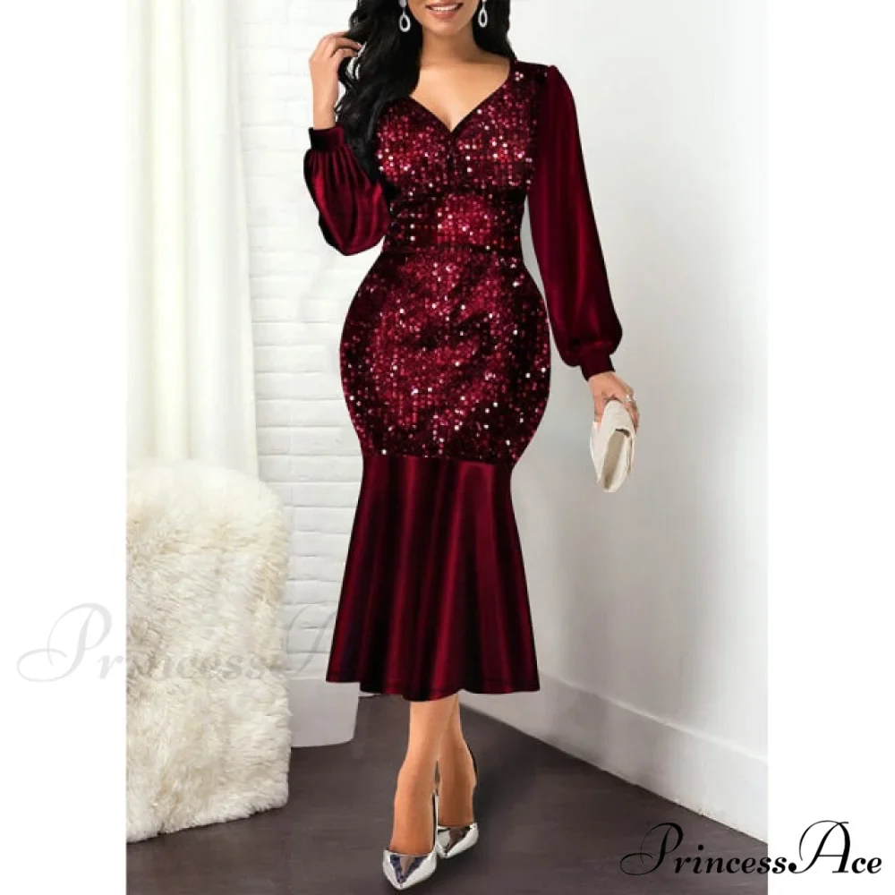 Sexy V Neck Sequin Evening Wedding Party Dress - Image 2