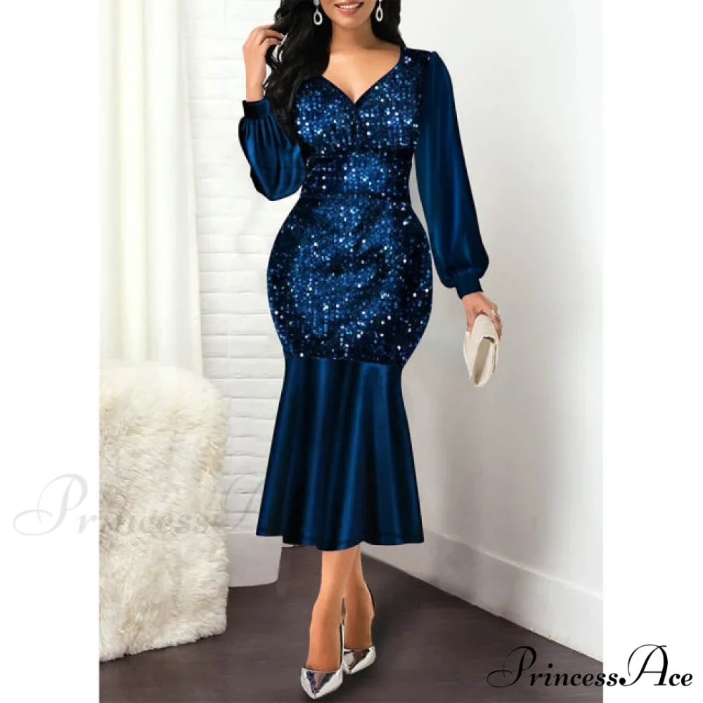 Sexy V Neck Sequin Evening Wedding Party Dress - Image 3