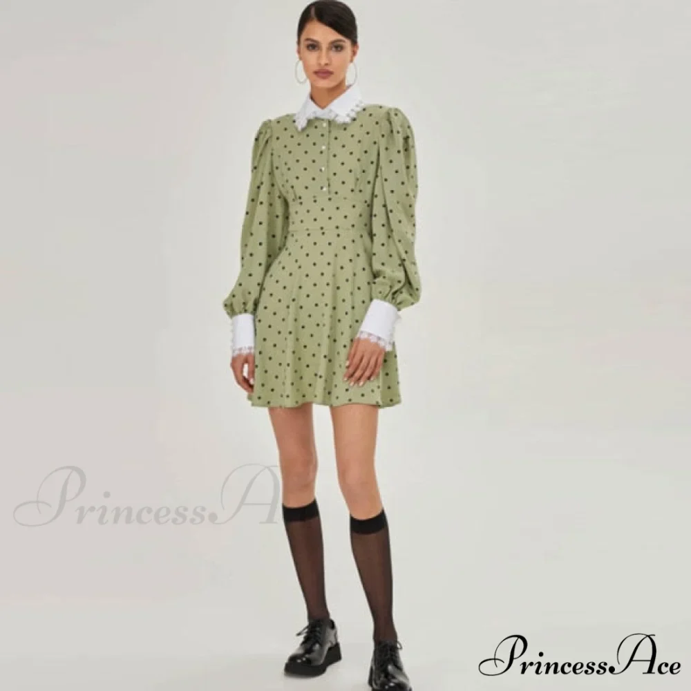 Lantern Sleeve Polka Dot A-Line Dress - Image 3