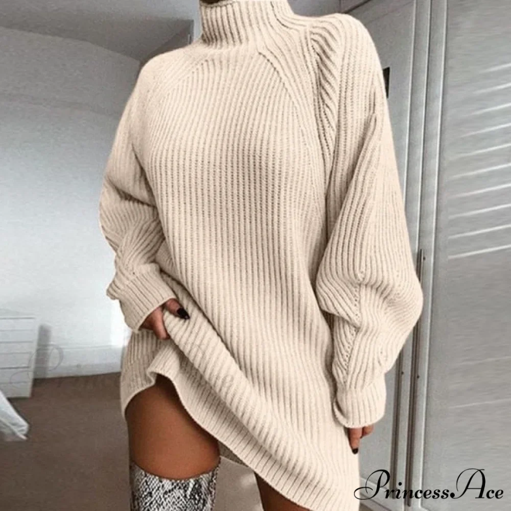 Oversized Solid Long Sleeve Elegant Mini Sweater Dress - Image 3