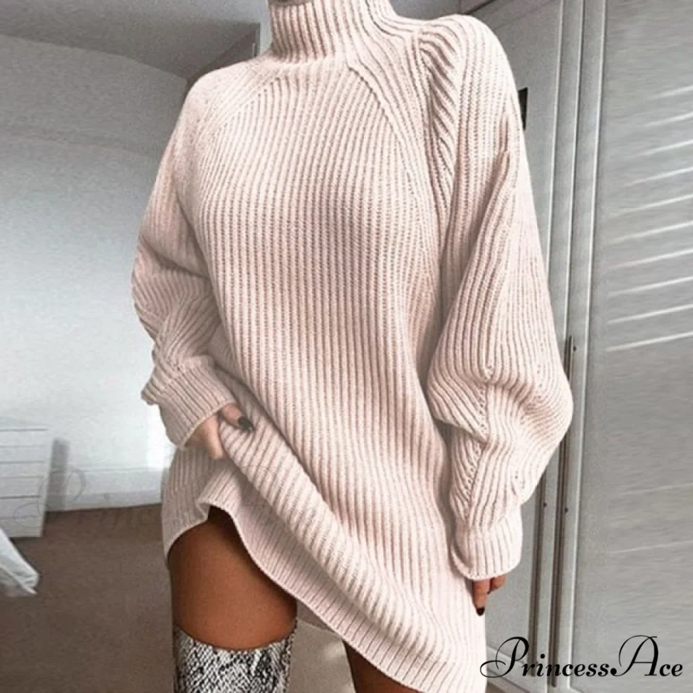 Oversized Solid Long Sleeve Elegant Mini Sweater Dress - Image 5