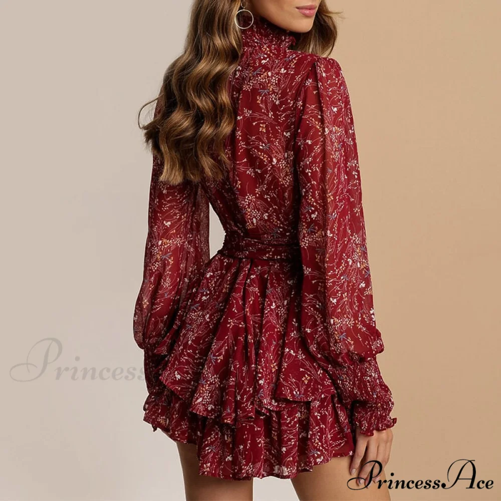 Turtleneck Long Sleeve Chiffon A Line Dress - Image 2