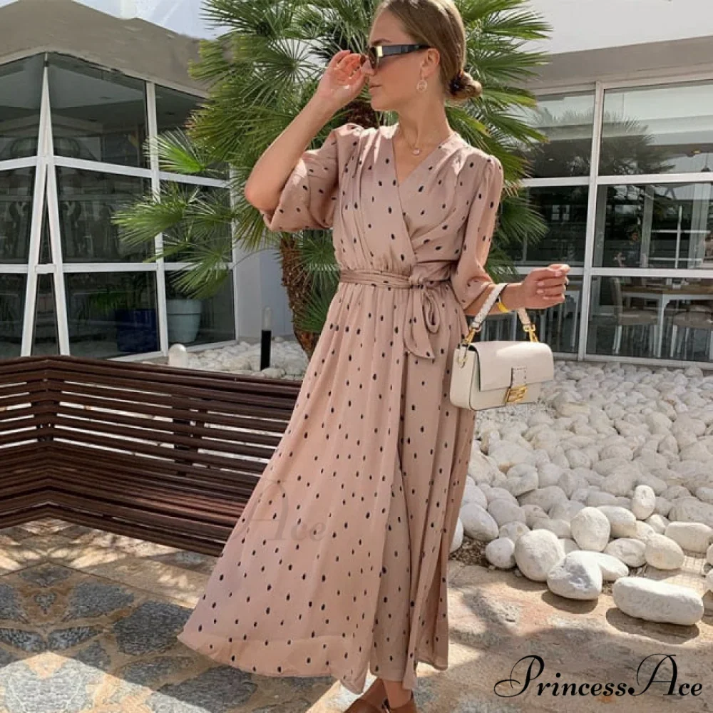 Elegant Puff Sleeve A-Line V Neck Sash Dress - Image 2