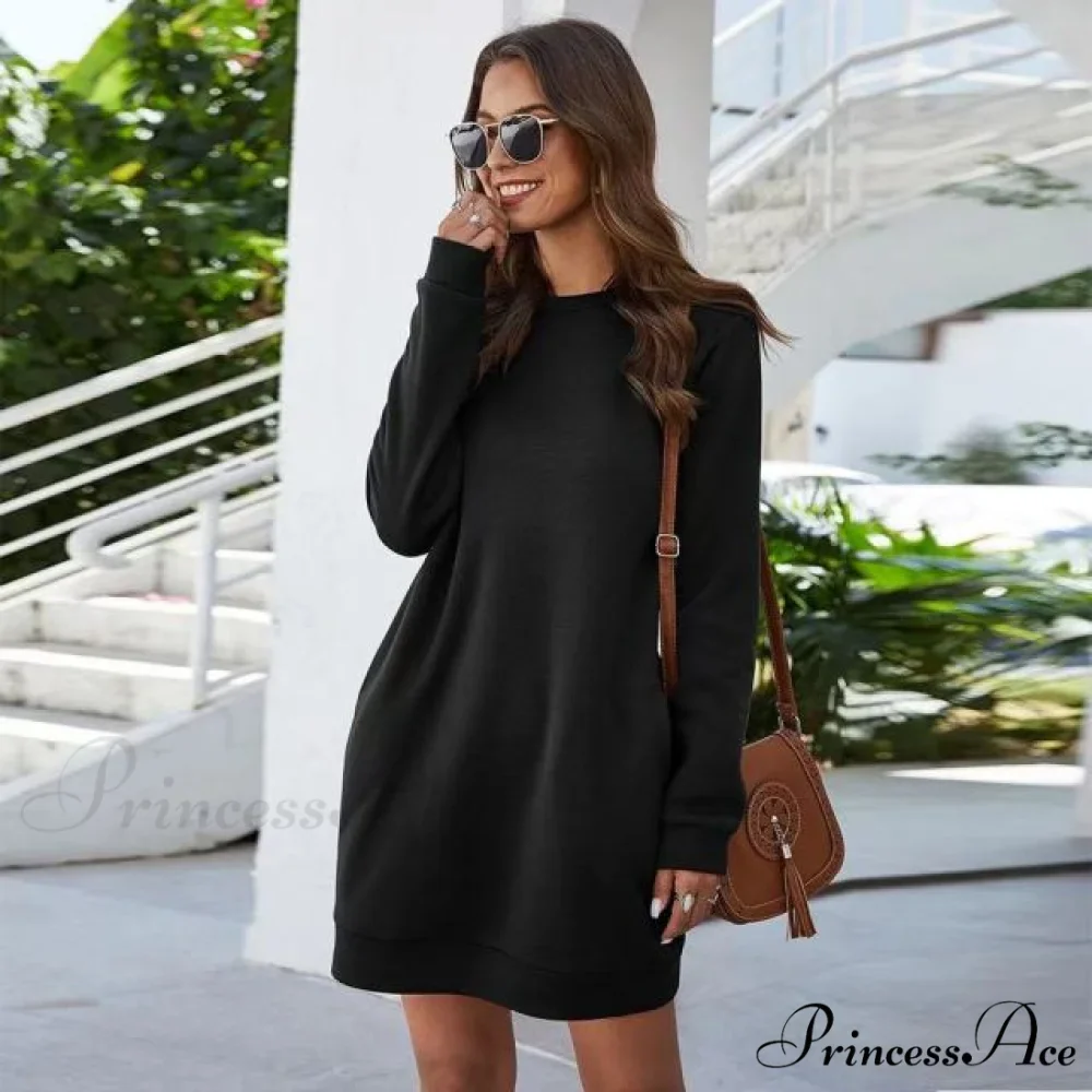 Solid Color Round Neck Long Sleeve Dress - Image 8