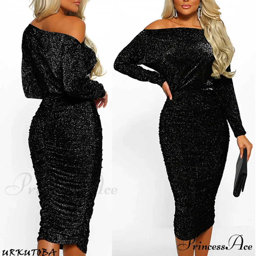 Elegant Sexy Boat Neck Glitter Bodycon Dress - Image 2