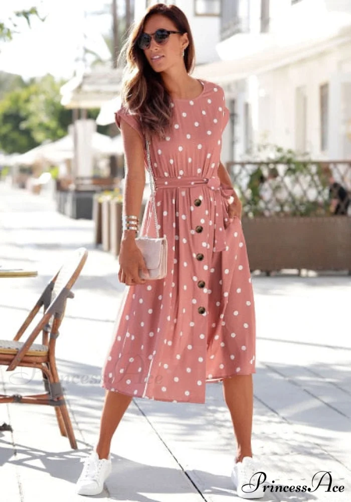 Fashion O Neck Print Polka Dot Dress - Image 3