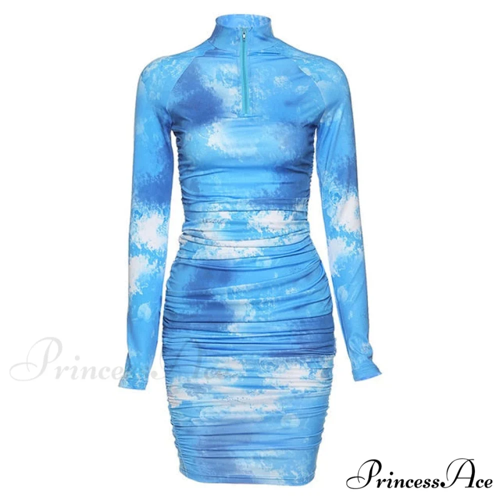Long Sleeve Tie Dye Ruched Bodycon Sexy Midi Dress - Image 3