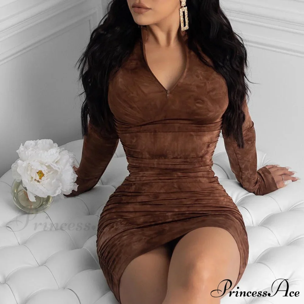 Long Sleeve Tie Dye Ruched Bodycon Sexy Midi Dress - Image 4