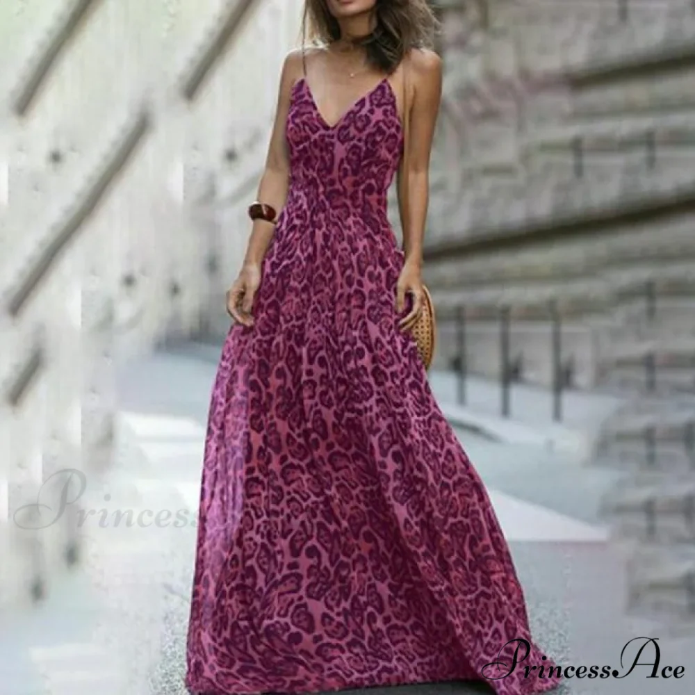Fashion Sexy Leopard V-Neck Sling Maxi Dresses - Image 2