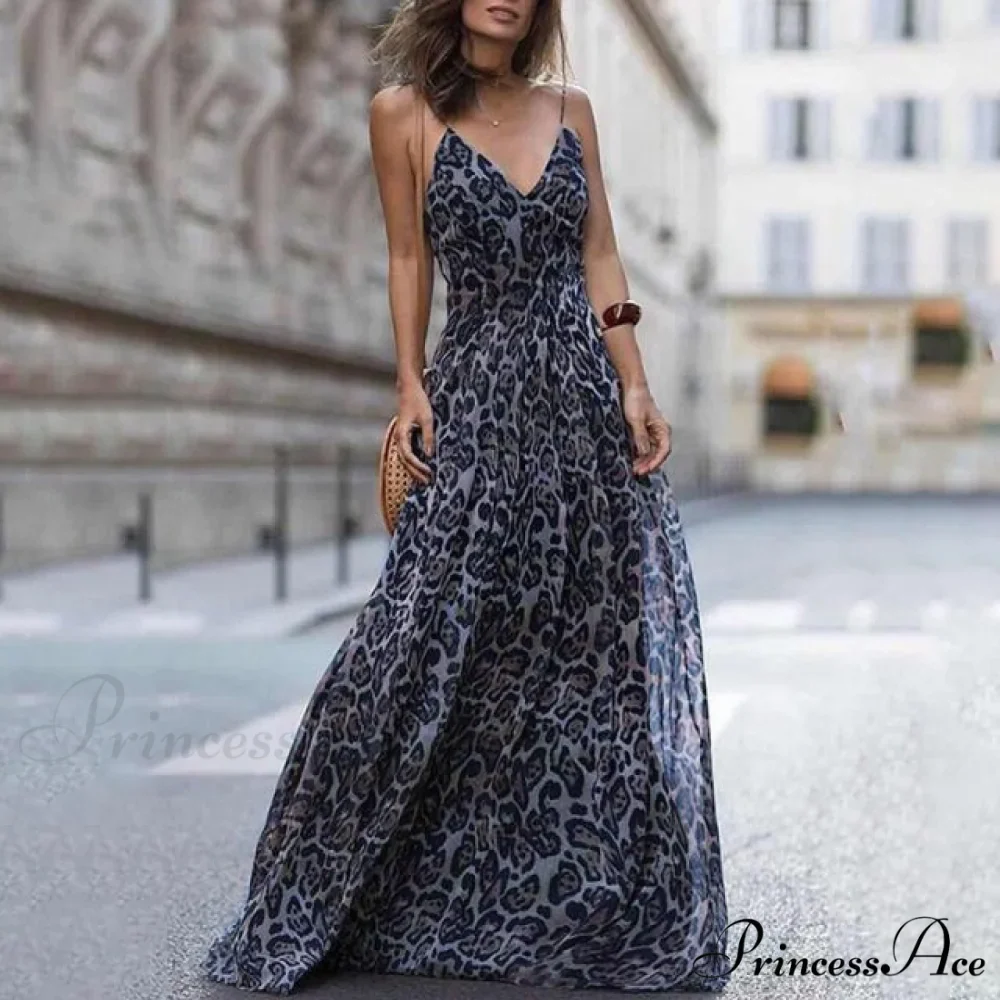 Fashion Sexy Leopard V-Neck Sling Maxi Dresses - Image 4