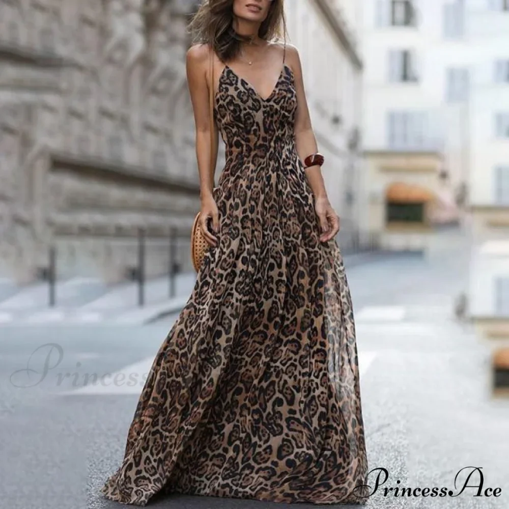 Fashion Sexy Leopard V-Neck Sling Maxi Dresses - Image 5