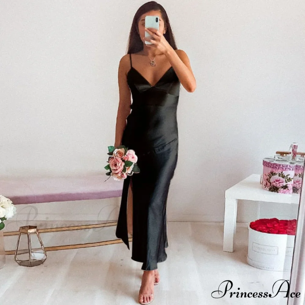 Deep V-Neck Satin Side Split Elegant Dresses - Image 2