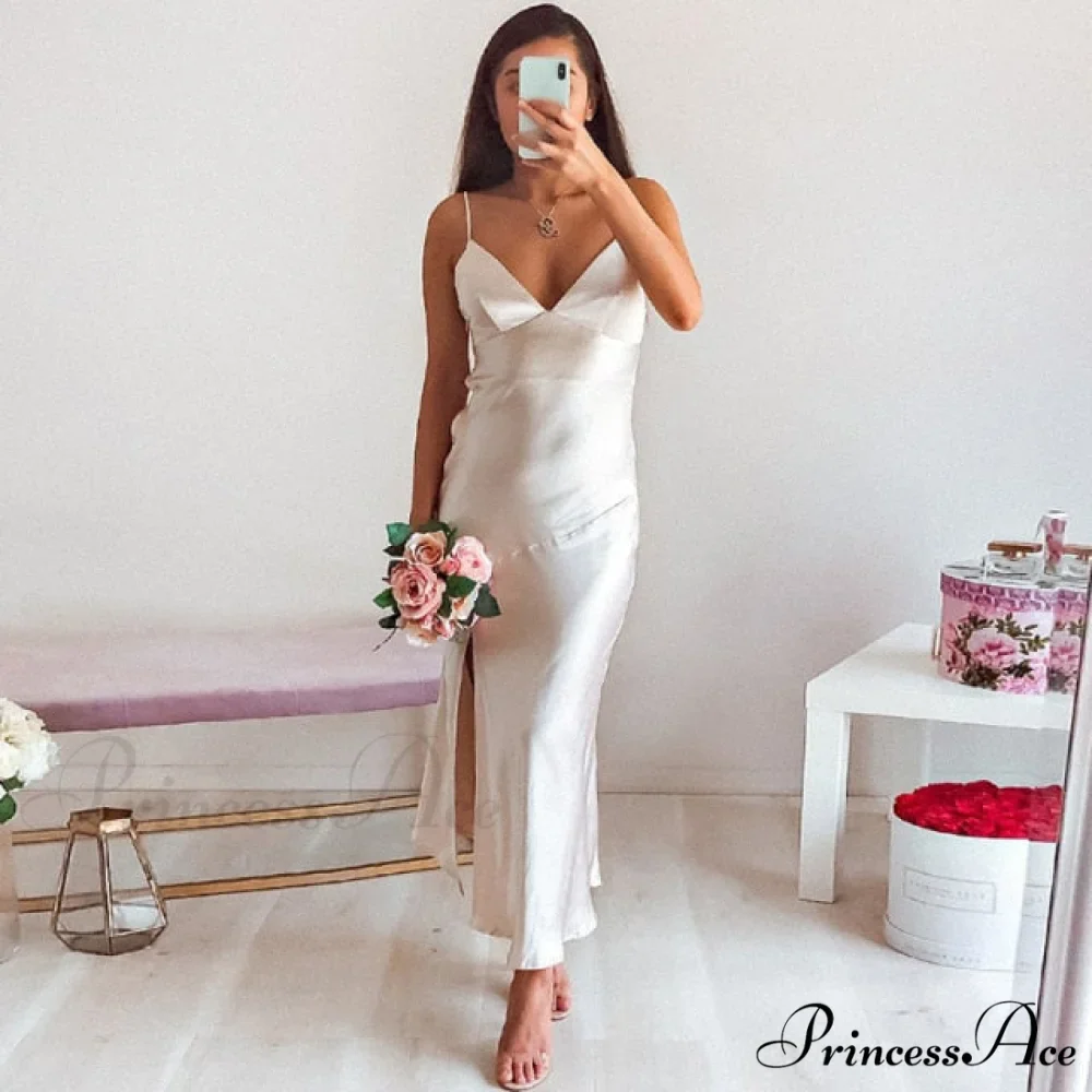 Deep V-Neck Satin Side Split Elegant Dresses - Image 3