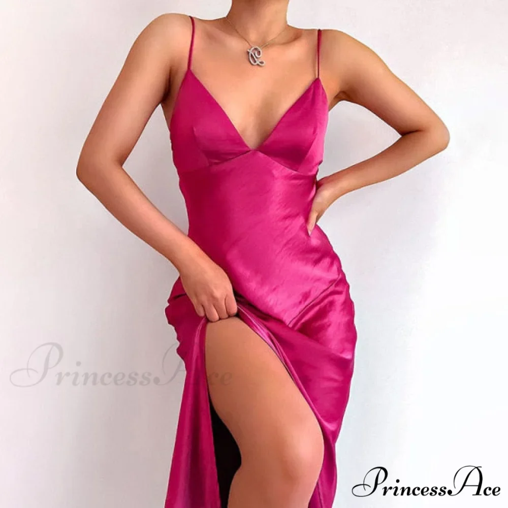 Deep V-Neck Satin Side Split Elegant Dresses - Image 4