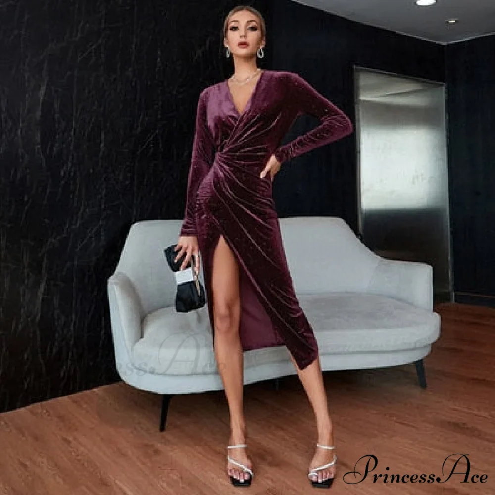 French V-Neck Long Sleeve Velvet Dresses - Image 6
