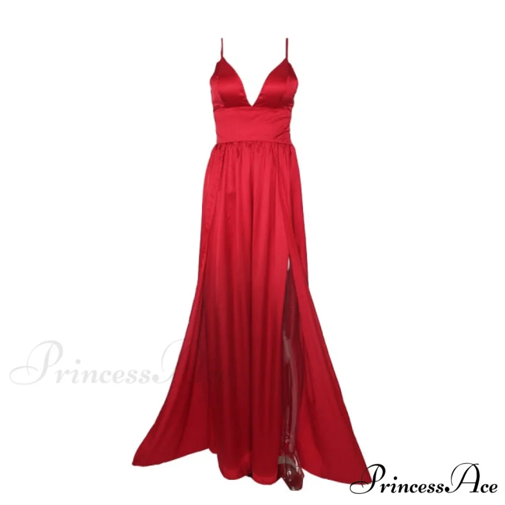 High Splits Red Satin Night Club Party Dress - Image 4