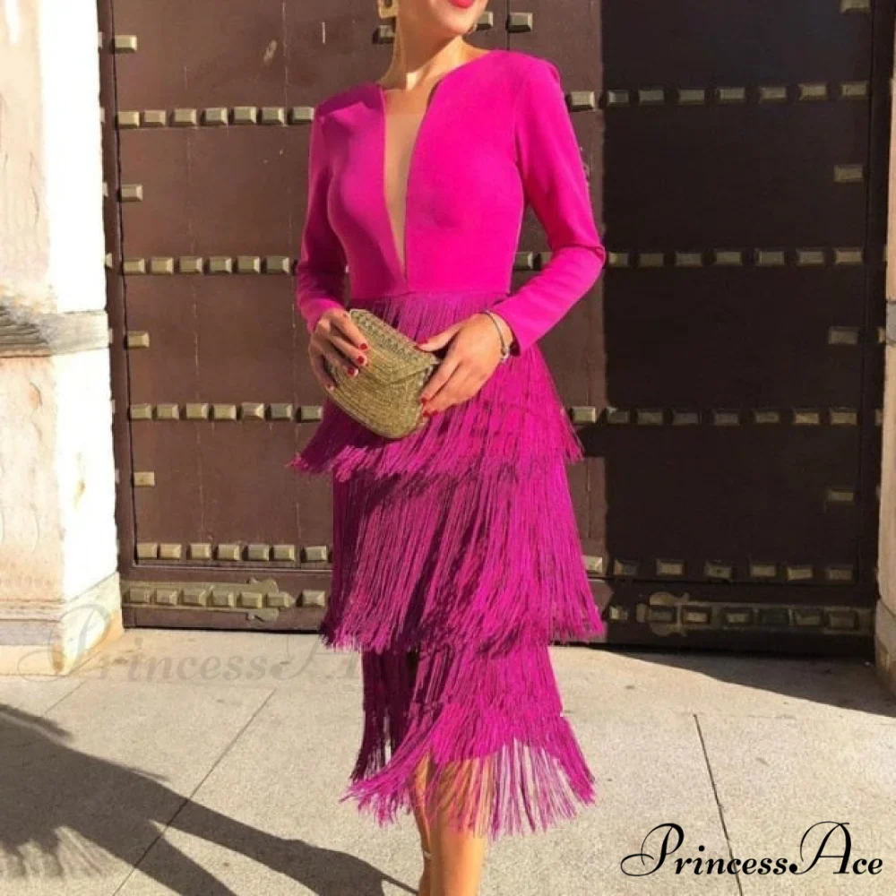 Office Ladies New Rose Red Fringe Sexy Dress - Image 2