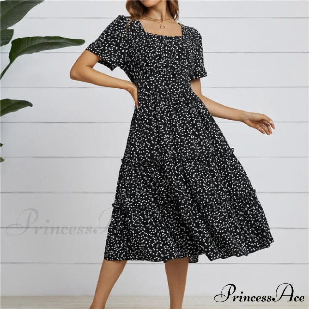 Casual Short Sleeve Square Collar Ruffles Chiffon Dress - Image 2