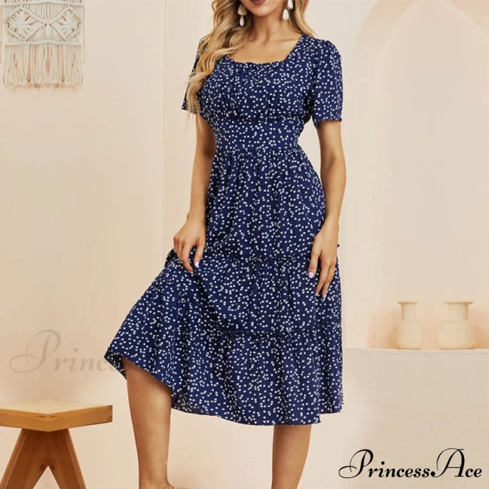 Casual Short Sleeve Square Collar Ruffles Chiffon Dress - Image 3