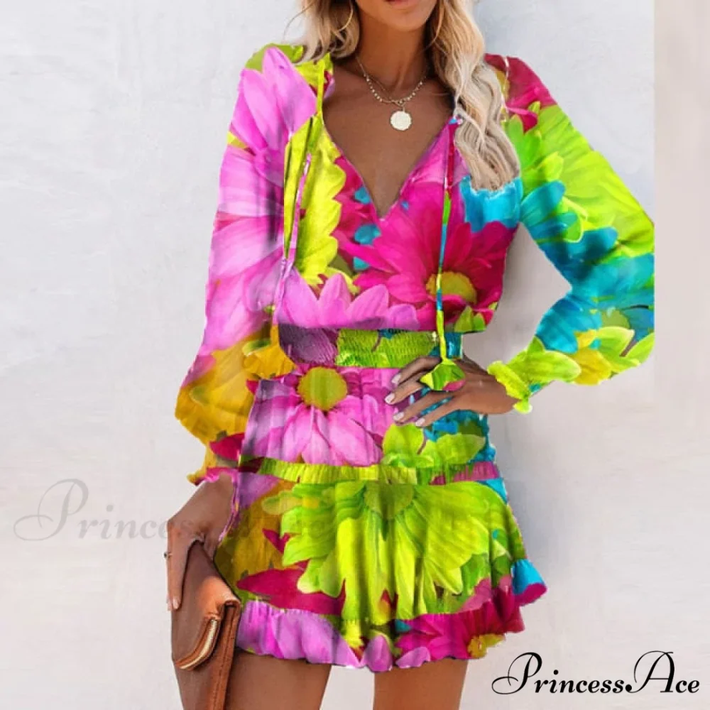 Elegant V-Neck Drawstring Ruffle Mini Dresses - Image 2