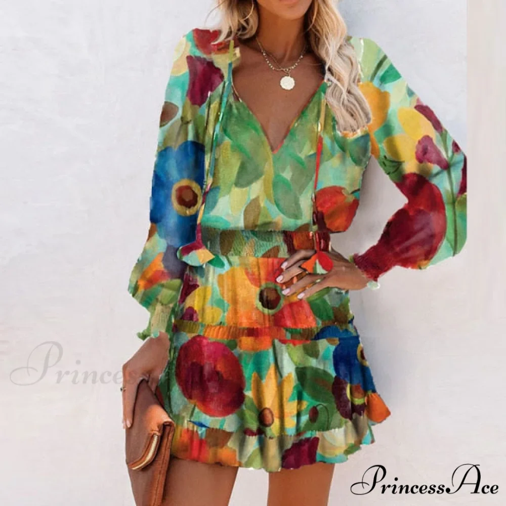 Elegant V-Neck Drawstring Ruffle Mini Dresses - Image 3
