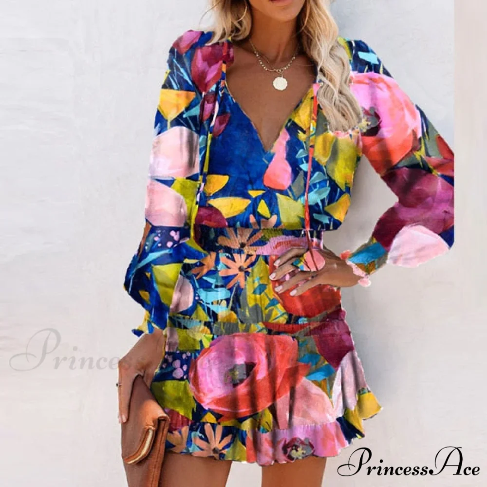 Elegant V-Neck Drawstring Ruffle Mini Dresses - Image 5