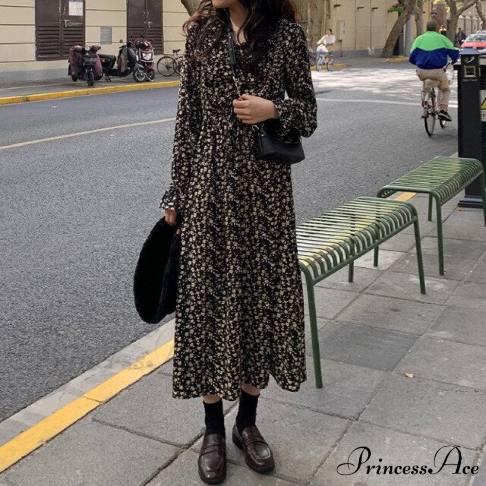 Long High Waist Collar Printed Floral Casual Dress - Image 2
