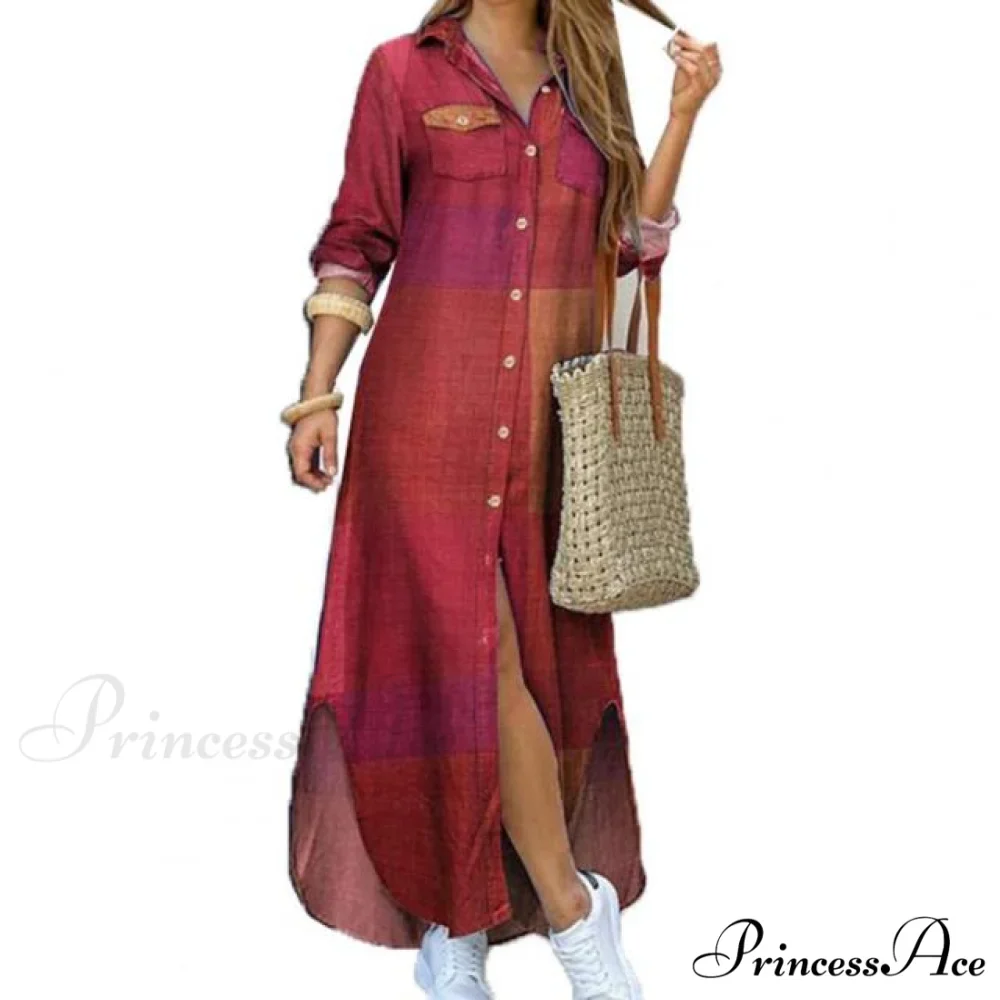 Single-breasted Long Sleeve Printed Loose Shirt Dress - Image 2