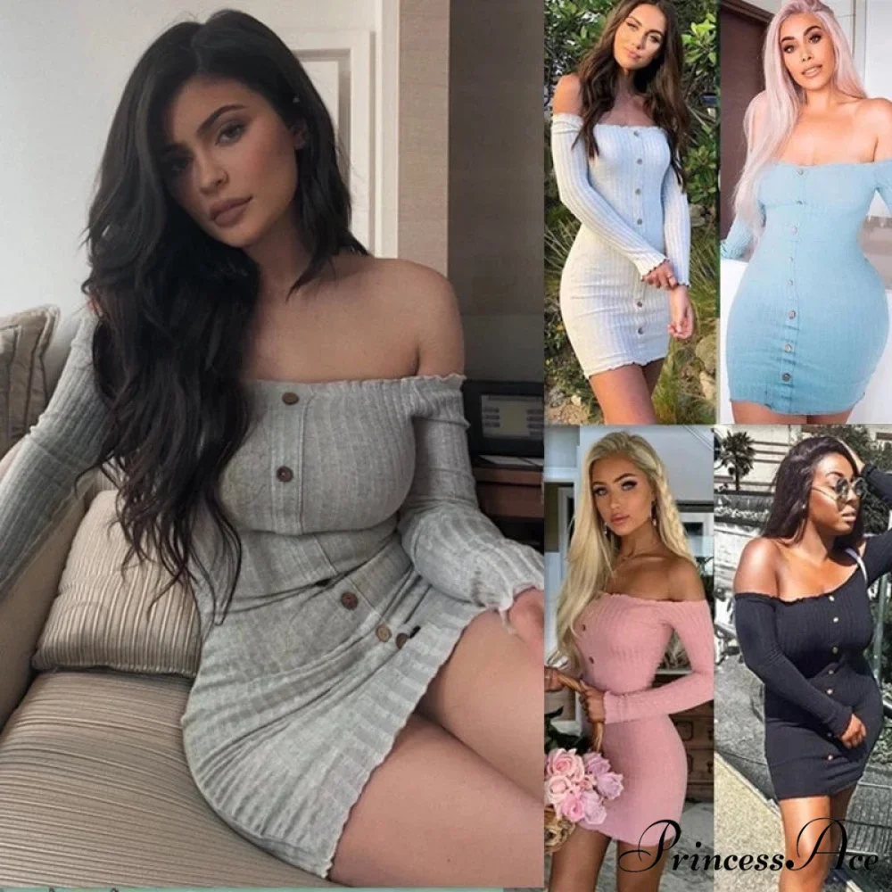 Long Sleeve Sexy Slash Neck Bodycon Dresses - Image 2