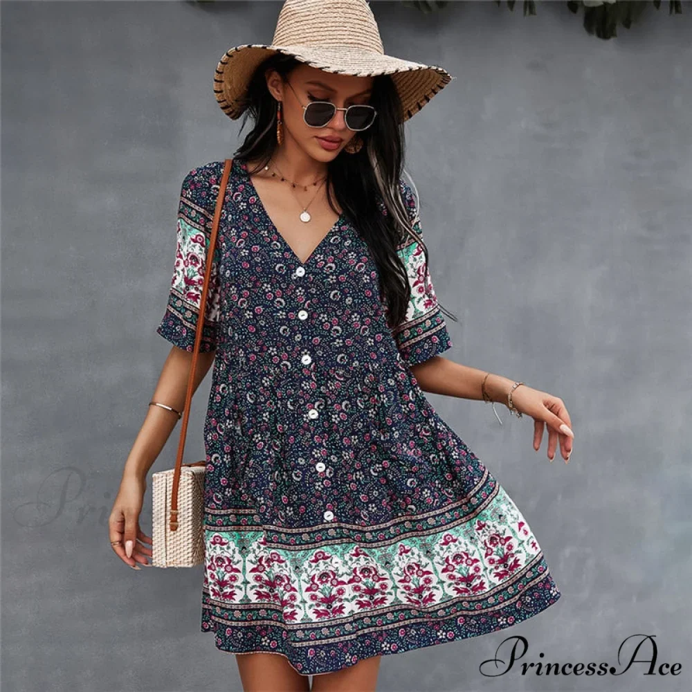 Casual V Neck Bohemian Short Sleeve Dress - Image 2