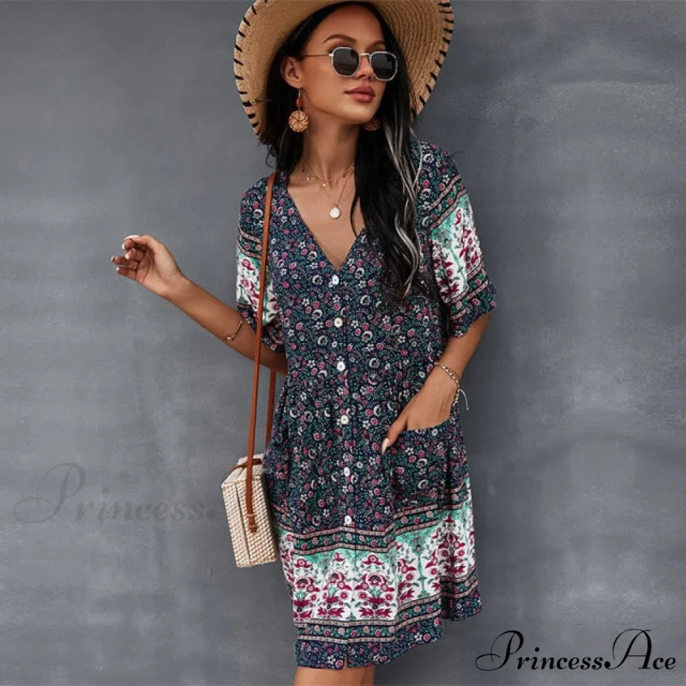 Casual V Neck Bohemian Short Sleeve Dress - Image 3