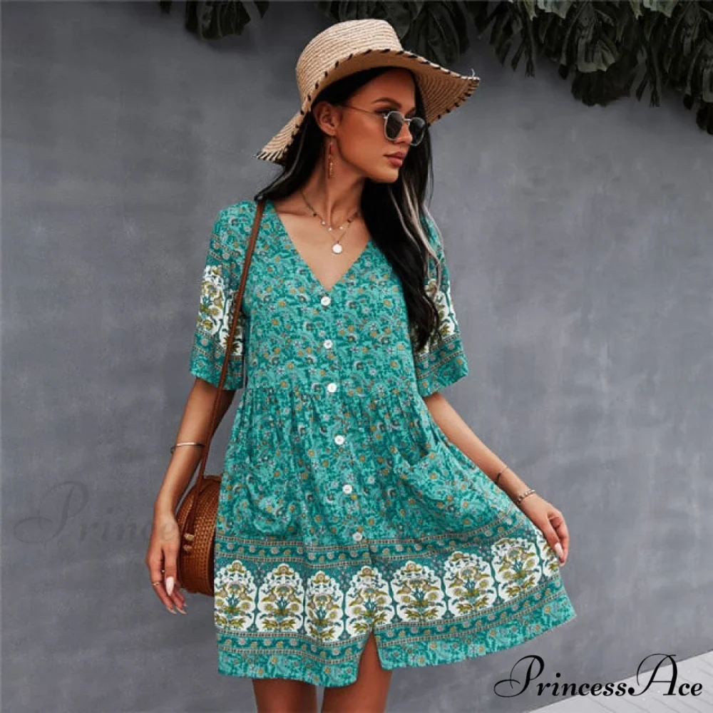 Casual V Neck Bohemian Short Sleeve Dress - Image 4