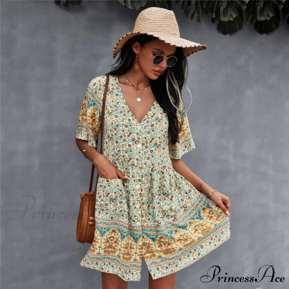 Casual V Neck Bohemian Short Sleeve Dress - Image 5