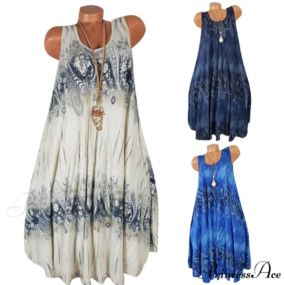 Flower Print Sleeveless Round Neck Loose Shift Dress - Image 2