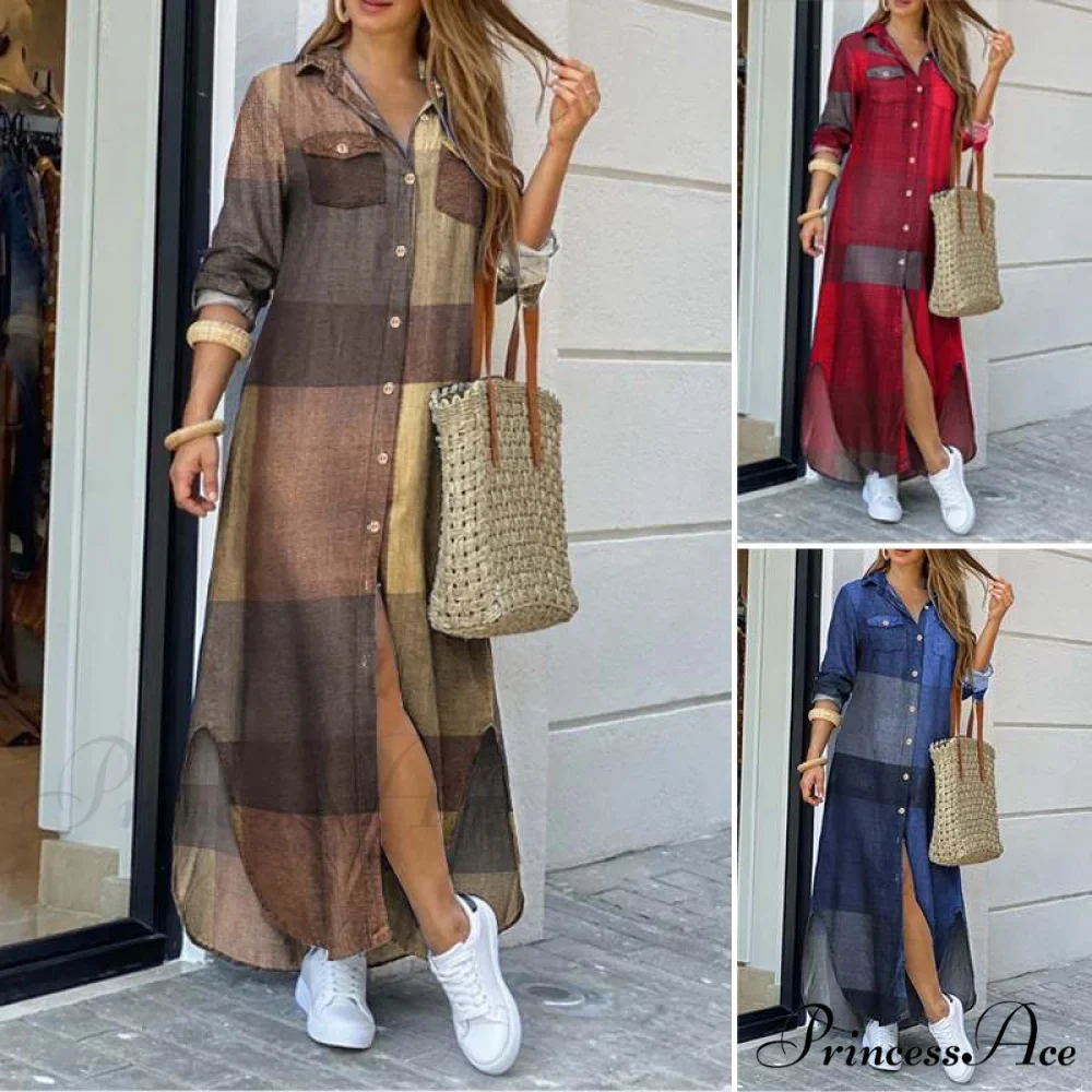 Long Sleeves Shirt Casual Plaid Vestidos Dress - Image 2