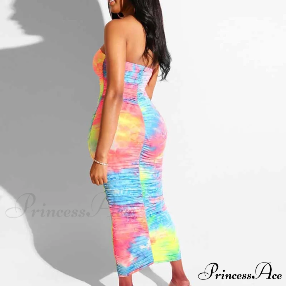 Colorful Pleated Long Sleeveless Strapless Dress - Image 4