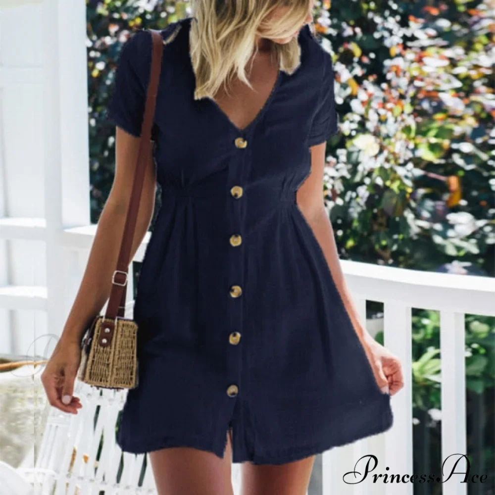 Pure Color Single Row Buttons V-Neck Dress - Image 4