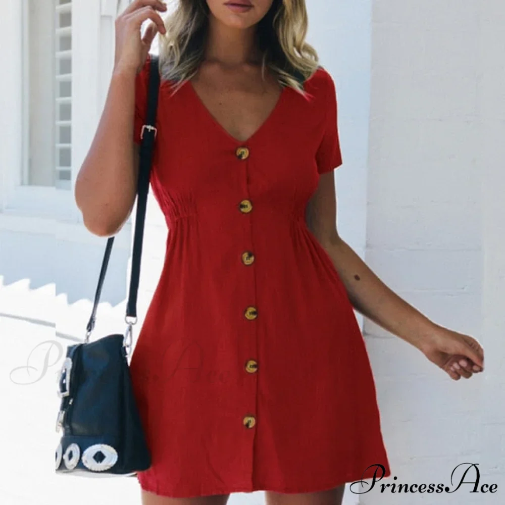 Pure Color Single Row Buttons V-Neck Dress - Image 6